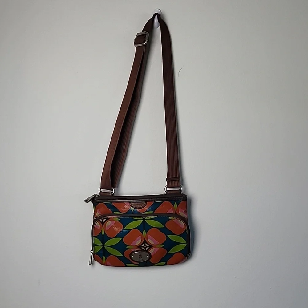 Fossil Key-Per Crossbody Bag Floral Geometric Multicolor Adjustable Strap